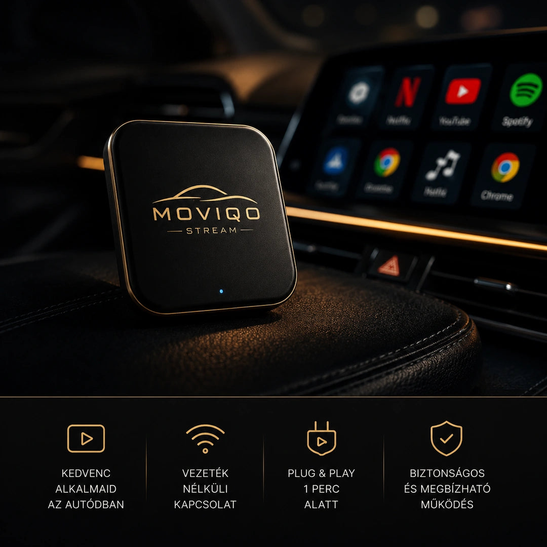 MOVIQO Stream eszköz autó belső terében, gyári kijelzővel és streaming alkalmazásokkal